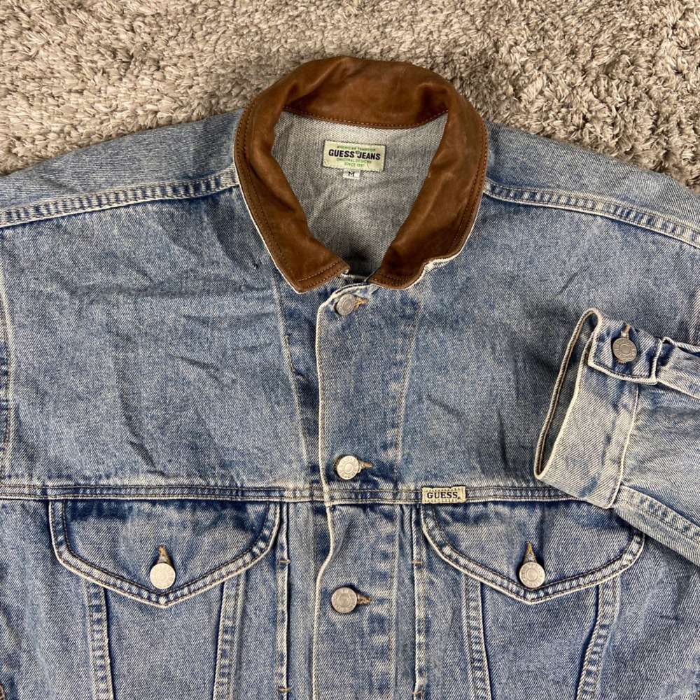 Vintage Guess Denim Jacket Mens M Blue Leather Collar Trucker Cotton USA 10804